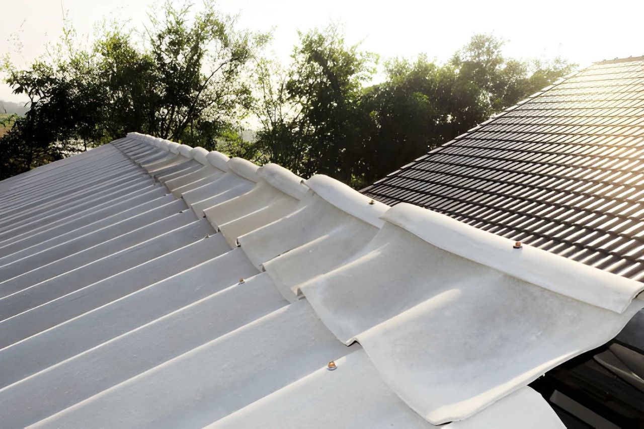 White corrugated siding and dark tile roofing contrast on a sunny day
