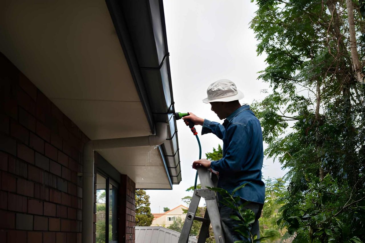Man on ladder cleaning gutters with hose, house gutter services