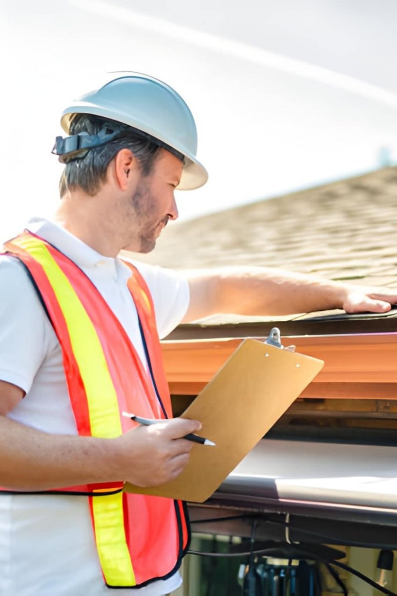 Man with hard hat standing on steps inspecting house (2)