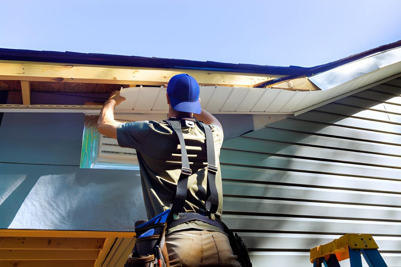 Contractor installing vinyl siding on a house, siding services.