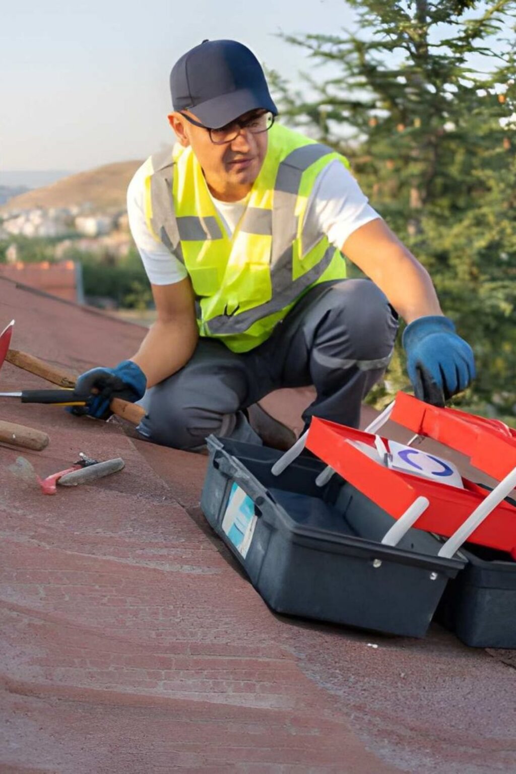 Roofer Construction Worker Replace Tile Of The Old Roof
