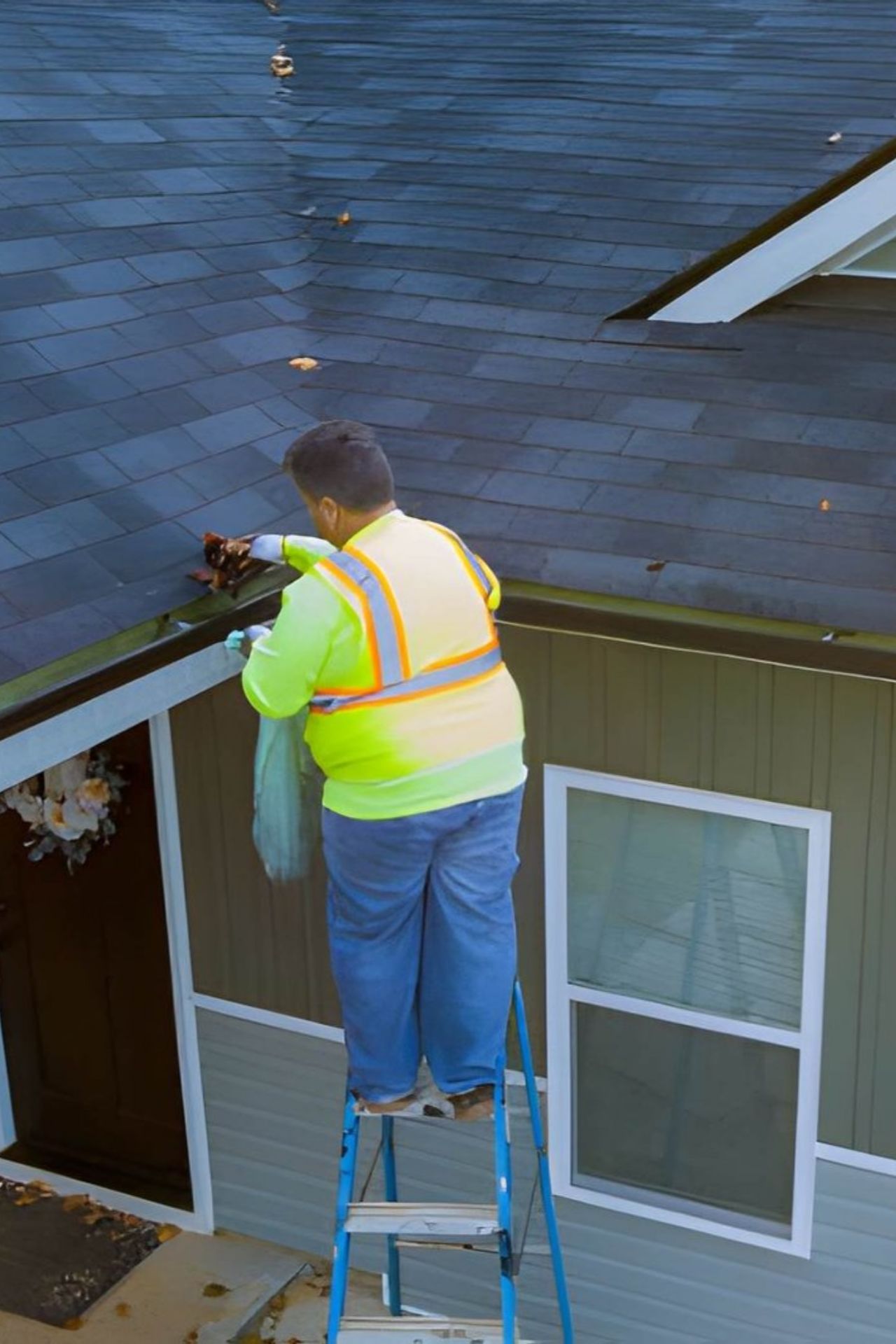 Man cleaning gutters on a house roof, wearing a safety vest and gloves.