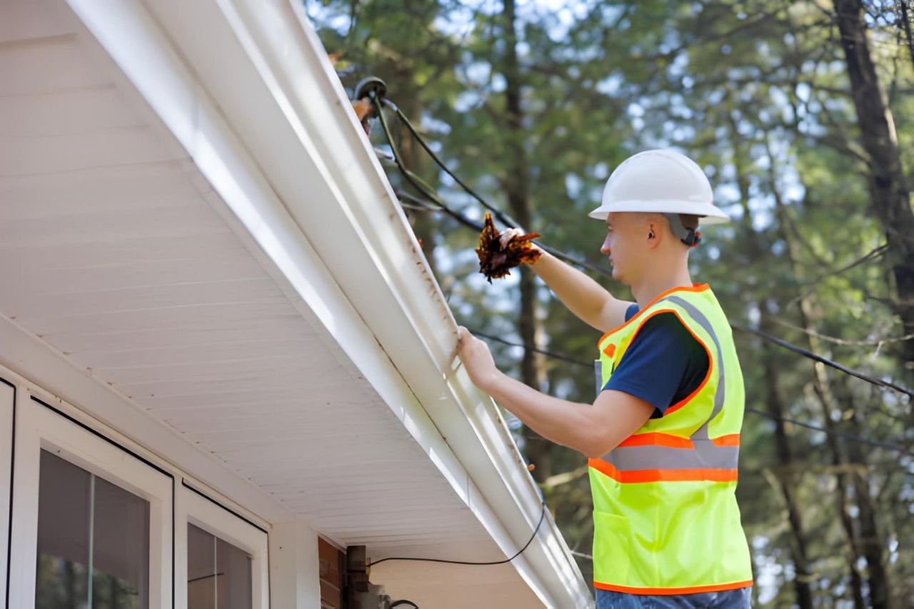 Man in reflective vest cleaning gutters on a brick house