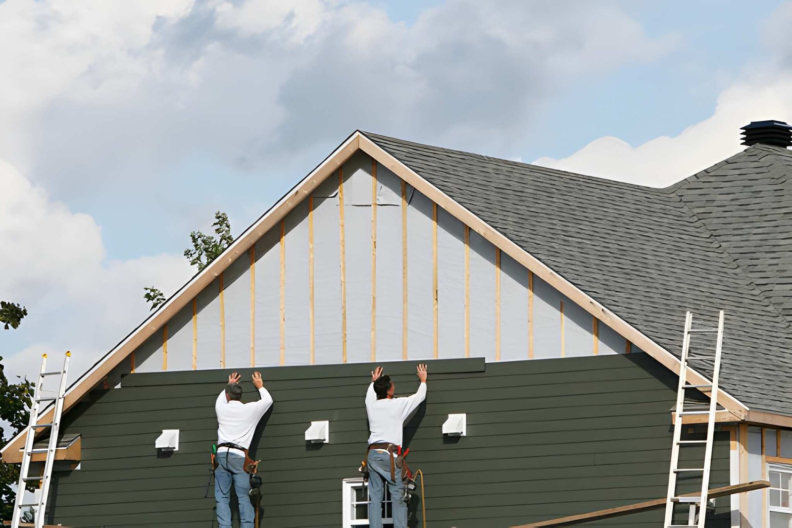 Workers install dark green siding on a house during construction.
