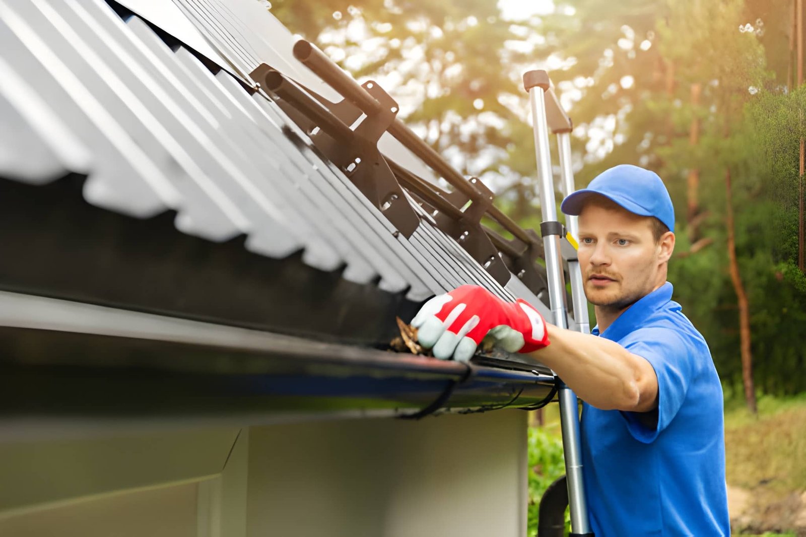 Gutter cleaning service: man with gloves on ladder clearing debris from roof gutter.